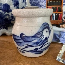 Rowe Pottery Works Bluebird Salt Glazed Small Lidded Crock Sugar Bowl 1989