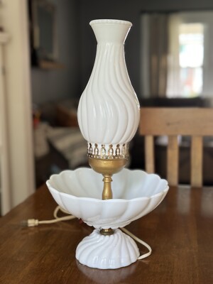 MCM Fenton Milk Glass Bowl  Lamp Spiral Swirl Pattern Chimney Grandma Core