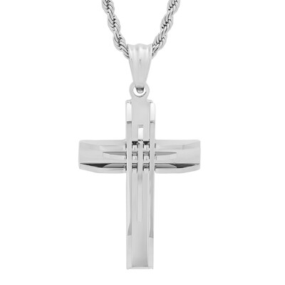 Steeltime Stainless Steel Accent Cut Cross Pendant Necklace