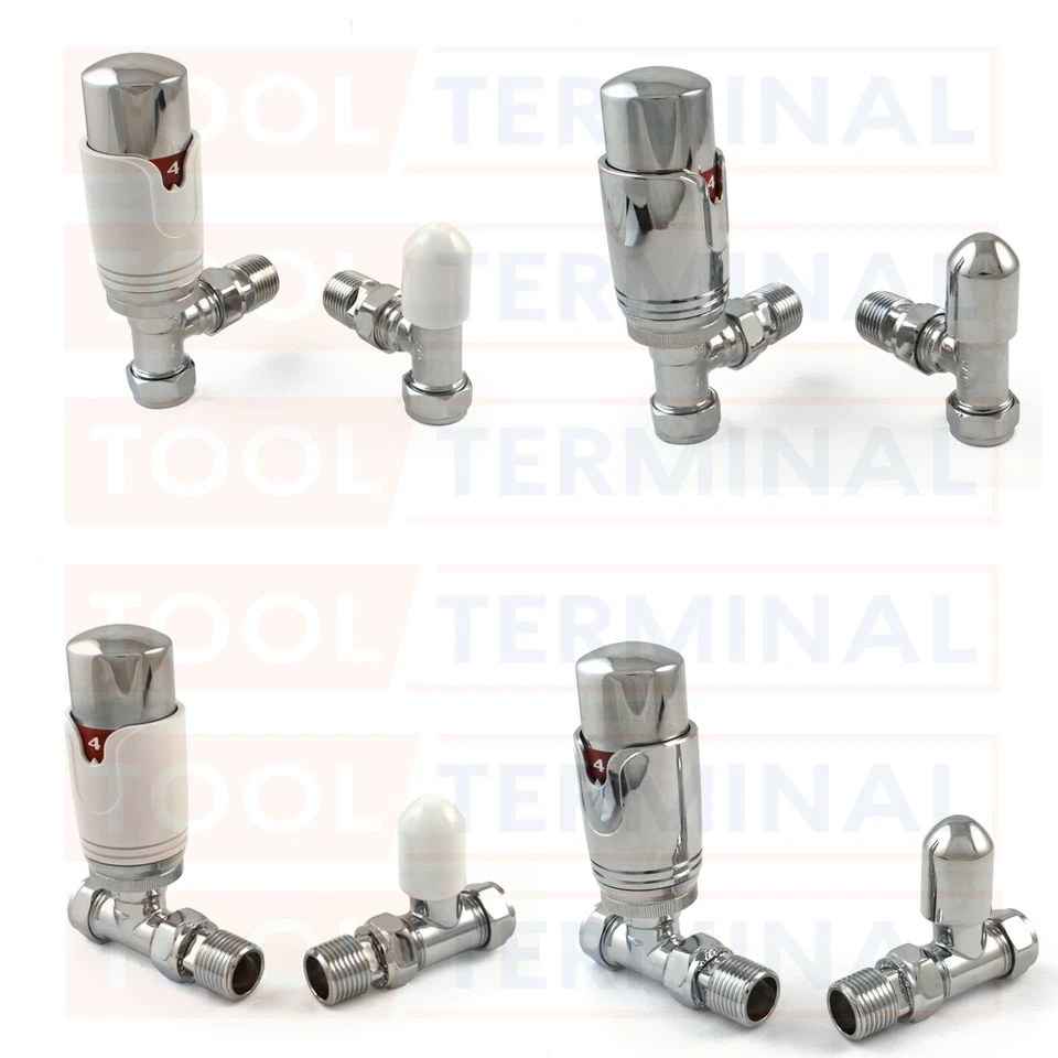 Thermostatic TRV Radiator Valves 1/2" x 15mm Angled Straight Twin Pack Rad