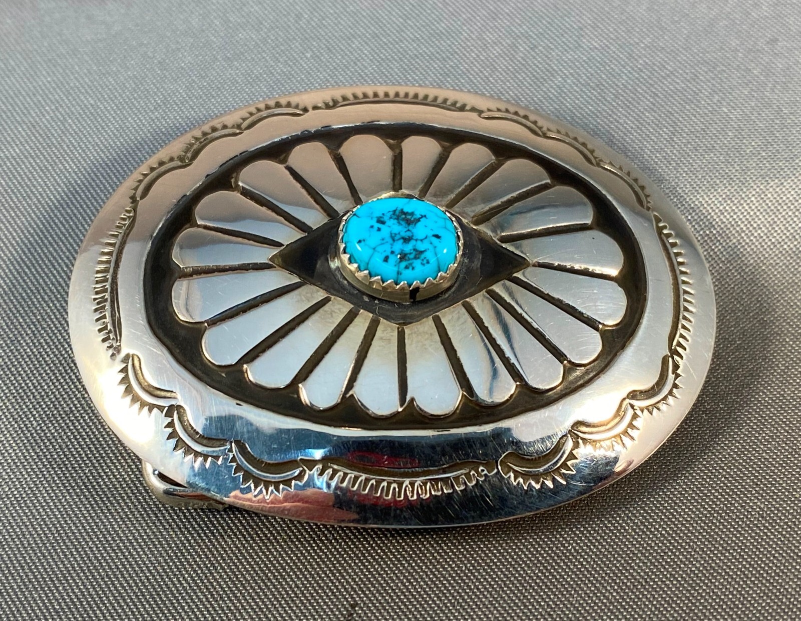 Navajo Tooled Sterling Silver & Turquoise Small Belt Buckle by Joann