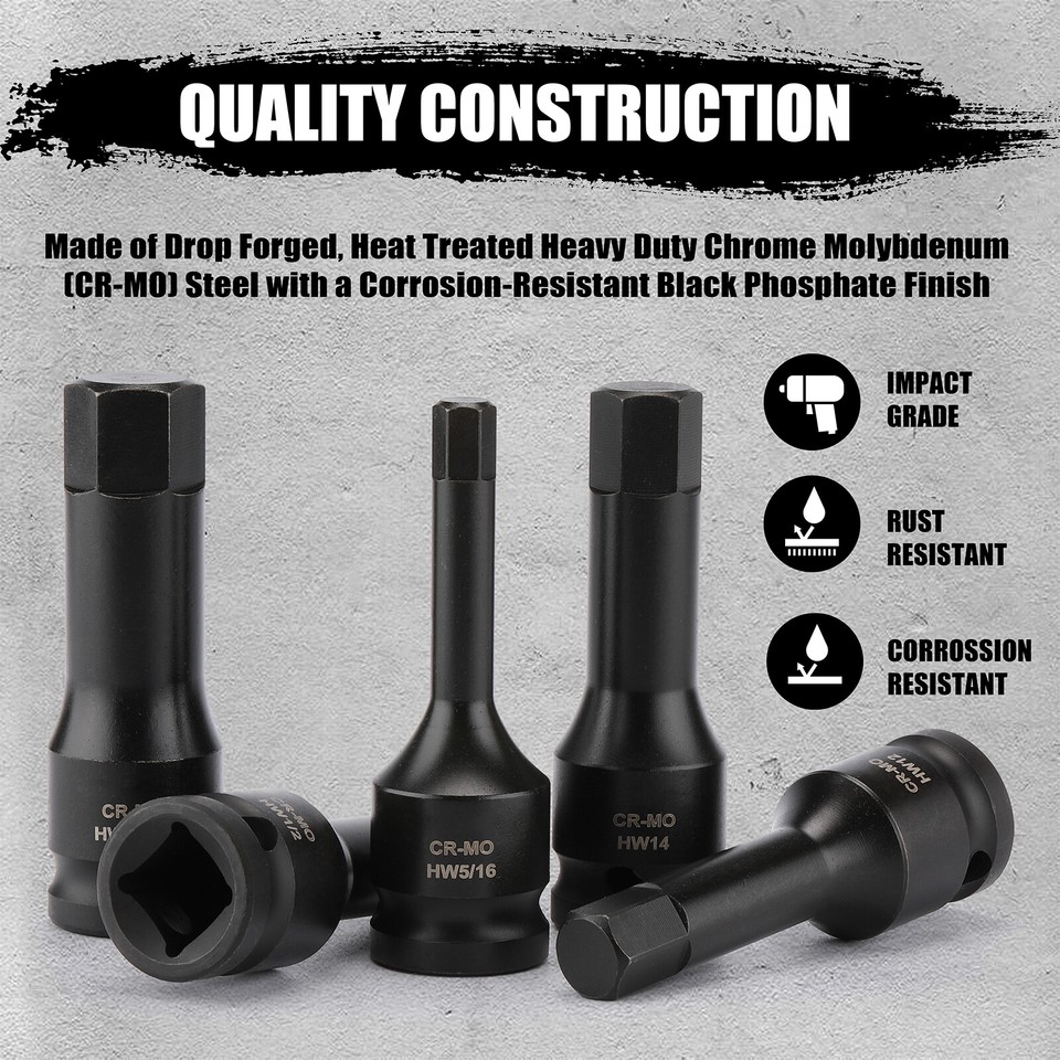 1/2" Drive Master Impact Hex Bit Set SAE 1/4"-3/4",Metric 6mm-19mm Cr ...