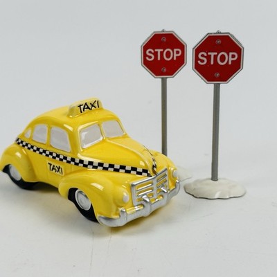 Dept 56 Snow Village - Yellow Taxi Cab No Box & 2 Stop Signs In Box.