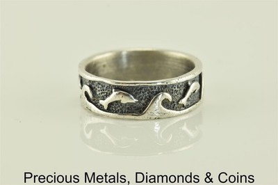 PSCL Sterling Silver 6.7mm Oxidized Dolphin Rolling Waves Band Ring 925 Sz: 8.5