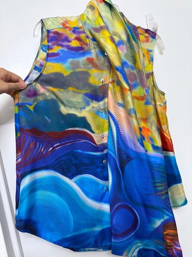 NWT Ulla Johnson Milo Top Tuck Sunset Ocean Painting Sun Abstract Blue Silk 4 - Picture 7 of 13
