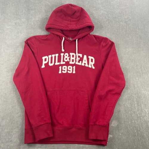 Pull&Bear Mens Small Red Hoodie Graphic Logo Pullover 1991
