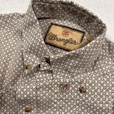 Wrangler Western Shirt BOYS L 10-12 Geometric White Brown Blue Button-Down Logo