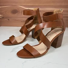 Sole Society Brown Leather Strappy Ankle Cuff Block Heel Sandals Women's size 8