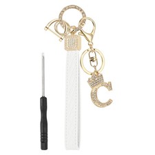 Leather Wristlet Keychain, Crown Design Letter C Keychains