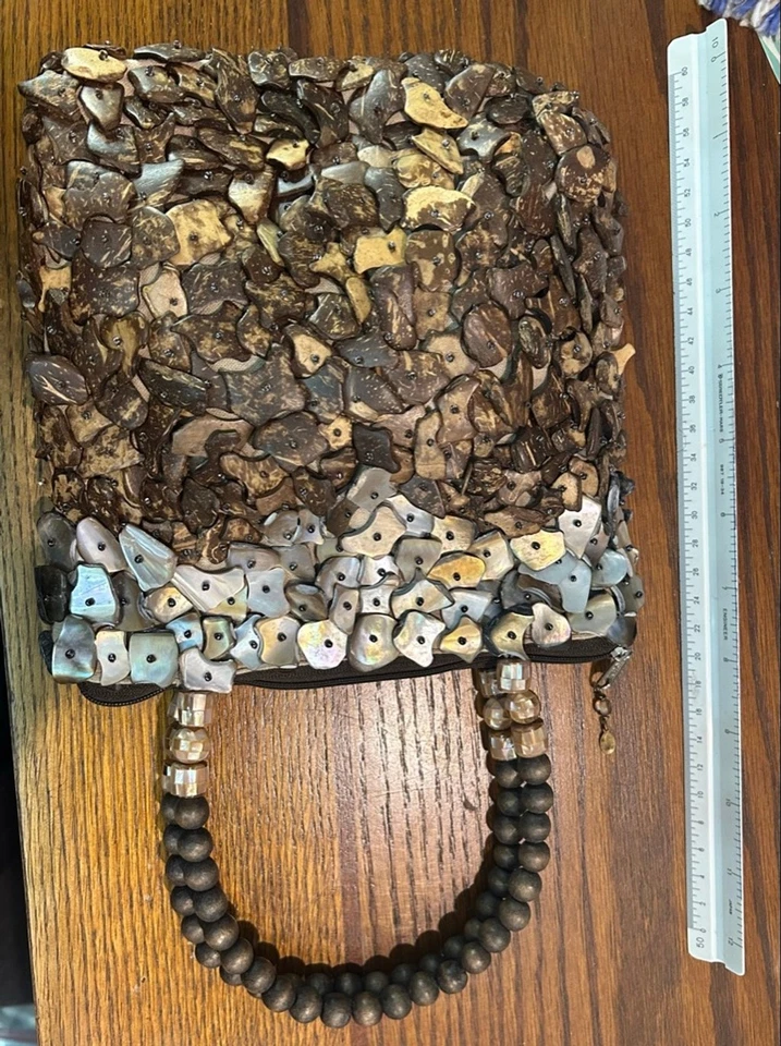 Increíble bolso de mujer marrón beige concha y cuentas de madera talla única Foto 3 de 4
