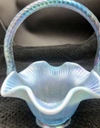 Vintage Fenton Misty Blue Iridescent Herringbone Glass Basket 7” By 6”