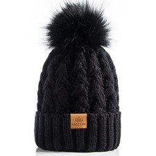 Womens Winter Ribbed Beanie Crossed Cap Chunky Cable Knit Pompom Soft Warm Ha...