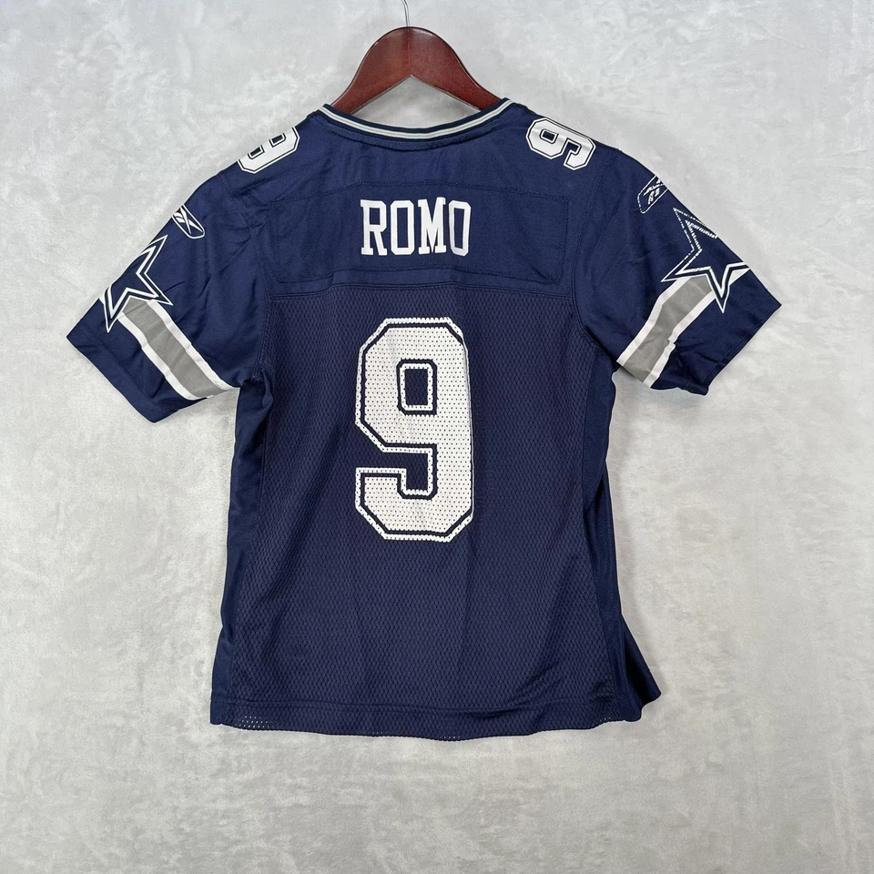Camiseta de fútbol americano Dallas Cowboys para mujer pequeña azul marino NFL Tony Romo 9 Reebok Foto 3 de 4