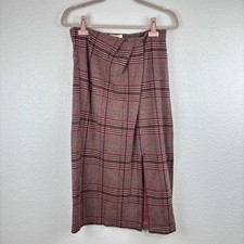 Maeve Anthropologie M Plaid Midi Skirt Slit Red Black Beige Houndstooth Academia