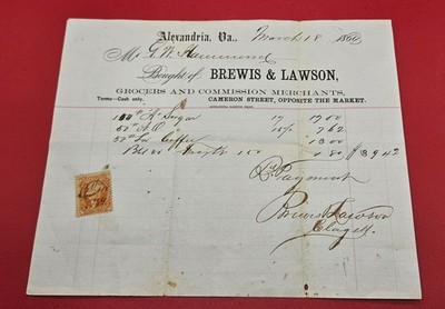 1869 Alexandria VA Brewis & Lawson receipt w/ U.S. Inter. Rev. Bank check stamp
