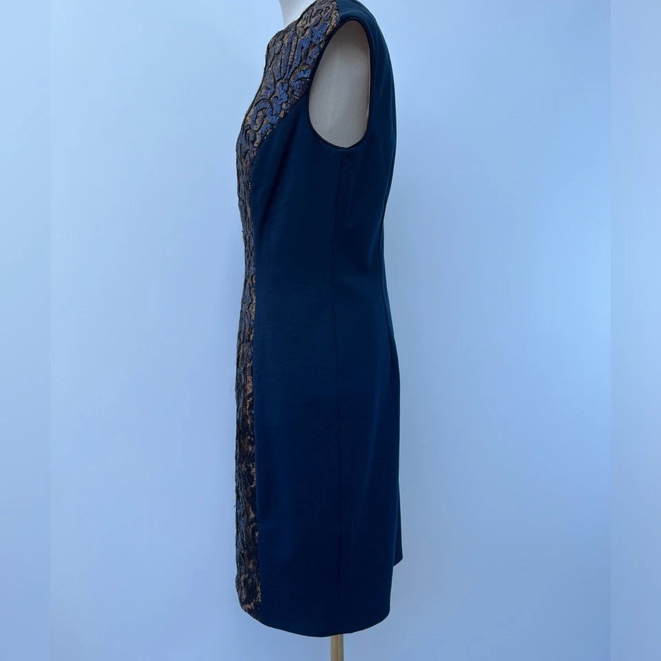 Vestido Vaina JS Collections Azul Marino Dorado Floral Encaje Sin Mangas Cóctel Talla 10 Foto 4 de 4