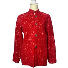 Chicos Red Gold Tone Mandarin Brocade Floral Blazer/Jacket Women's Size 1/Small