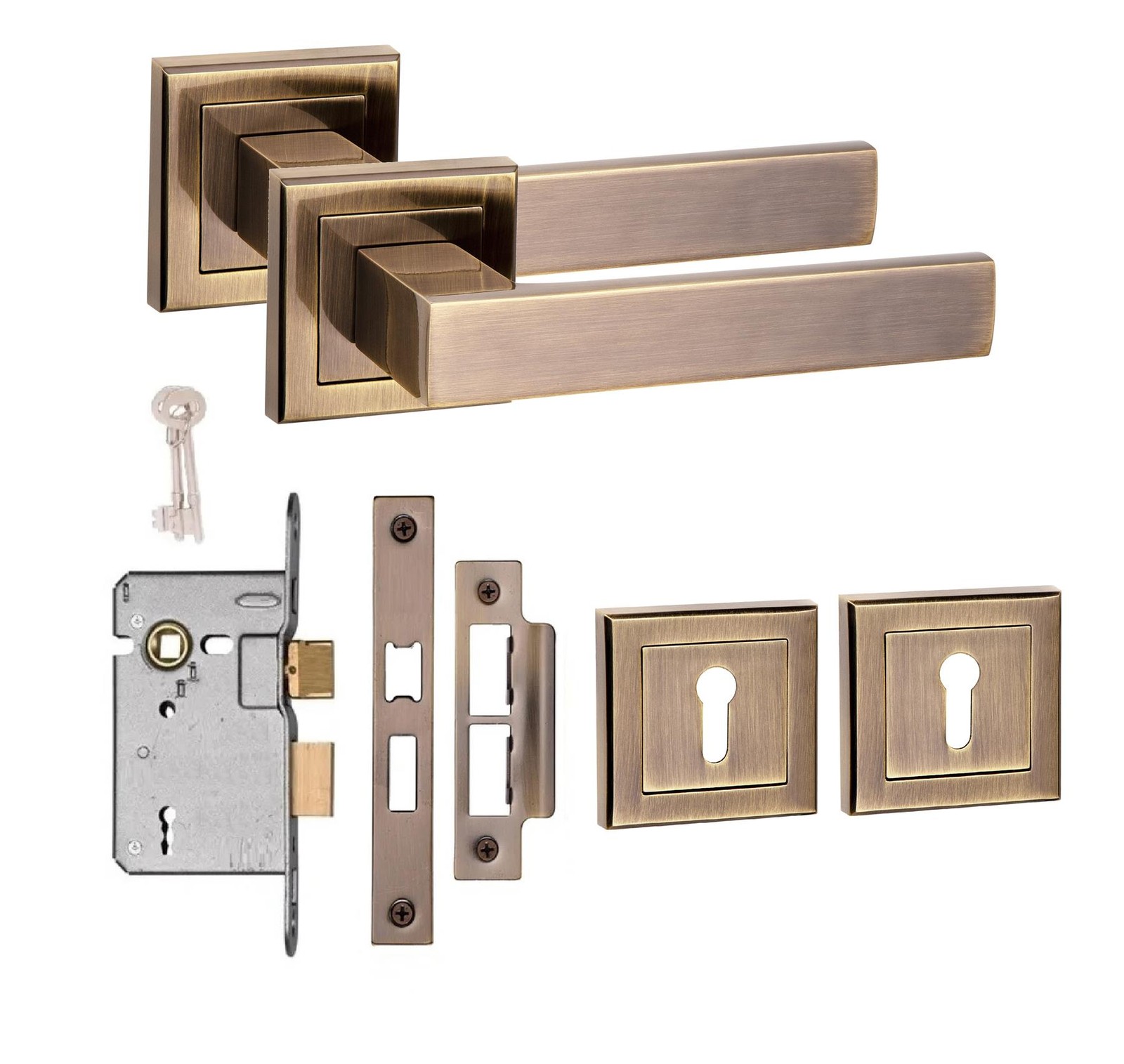 Delta Design Square Rose Door Handle  3 Lever Lock Set Antique Brass