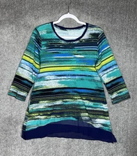 LOGO Lori Goldstein Spacedye Chiffon Trim Top Women Sz M Blue Green Pockets