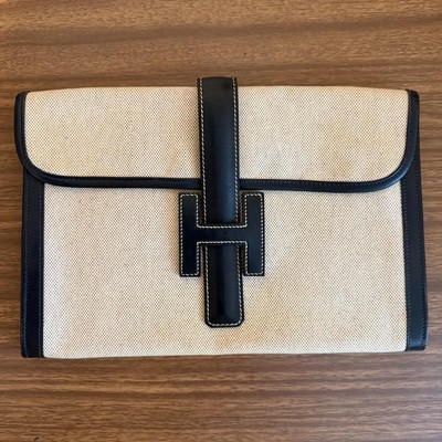 HERMES Jige PM Clutch Bag Toile H Box Beige Black Calf Q Stamp Authentic