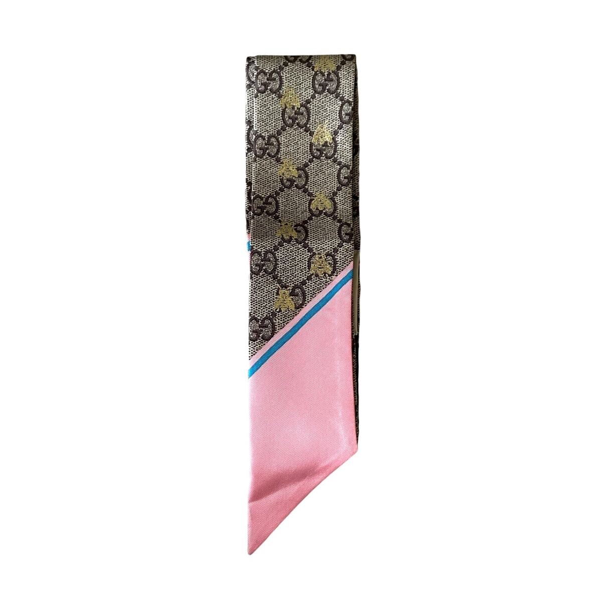 GUCCI GG Bees Motif Jacquard Silk Scarf Neck Bow Beige Pink GUCCI GG Bees Motif Jacquard Silk Scarf Neck Bow Beige Pink