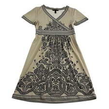 BCBGMaxAzria A-Line Dress Women’s Medium Beige Black Print Faux Wrap Stretch
