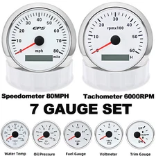 7 Gauge Set 85mm White GPS Speedometer 80MPH Tachometer 6000RPM Gauge for Boat 