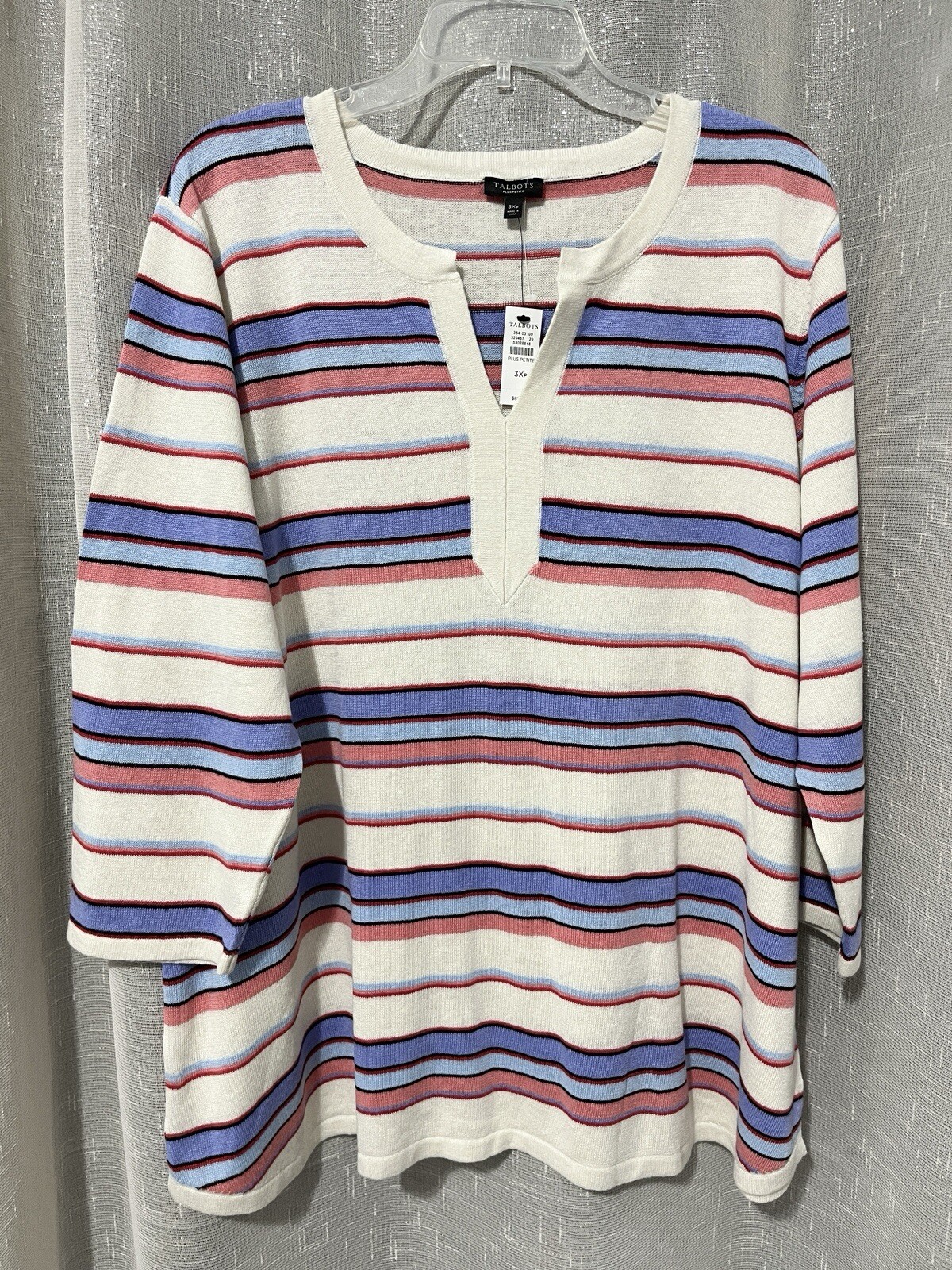 NWT TALBOTS 3X Petite P 3/4 Slv V-Neck Sweater Linen Blend Beige Blue Stripe $89