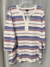 NWT TALBOTS 3X Petite P 3/4 Slv V-Neck Sweater Linen Blend Beige Blue Stripe $89