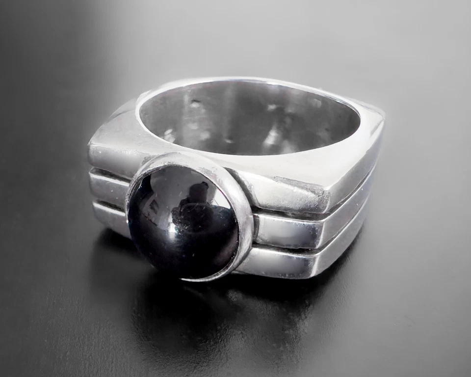 Anillo Modernista Ancho Acanalado Cuadrado Pesado Grueso Cabina Ónix Plata Esterlina 19g s9 Foto 3 de 4