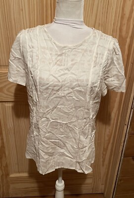 E3 by Etcetera White Short Sleeve Blouse One Button Back Linen Blend Size 6 ~EUC