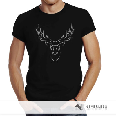 Herren T-Shirt Hirsch Polygon Geweih Geometrisch Formen Slim Fit Neverless 