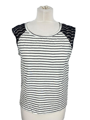 Shirt T-Shirt Damen Gr. S 36 Creme Schwarz Kurzarm Gestreift Sommer Minkpink
