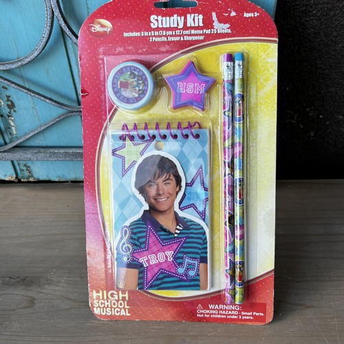 NEW HIGH SCHOOL MUSICAL ERASER PENCILS SHARPENER  VINTAGE PARTY FAVOR SET TROY - Afbeelding 1 van 5