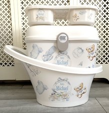 Personalised Shnuggle Baby Bath, Baby Box, top and tail tray Blue Design