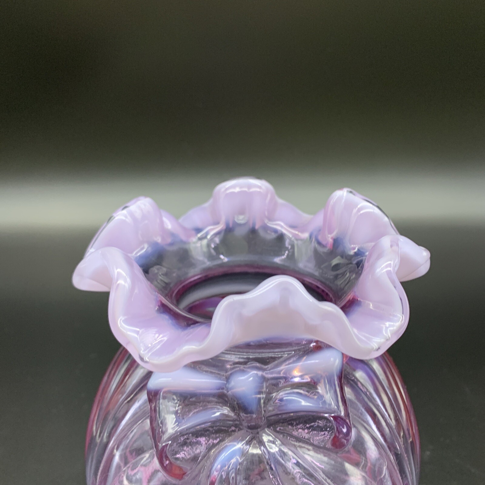 Fenton Art Glass Vase – Light Purple Opalescent, Draped with Ruffled Top & Bow