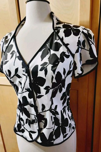 JS Collections Women's Black White Floral Tulip Short Sleeve Button Front Jacket - Picture 4 of 14