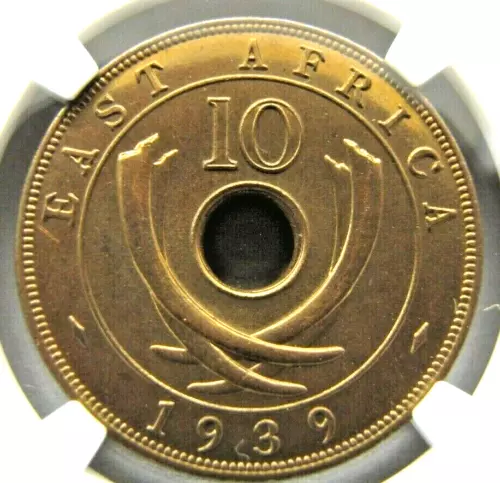 East Africa 10 Cents 1939-KN NGC SP 65 RB.  Rare and choice "Specimen"
