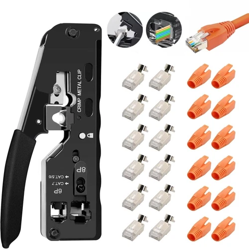 RJ45 Crimpzange + 12 Cat7 Stecker Set Netzwerk Werkzeug Lan Kabel Zange Cat 7 /6
