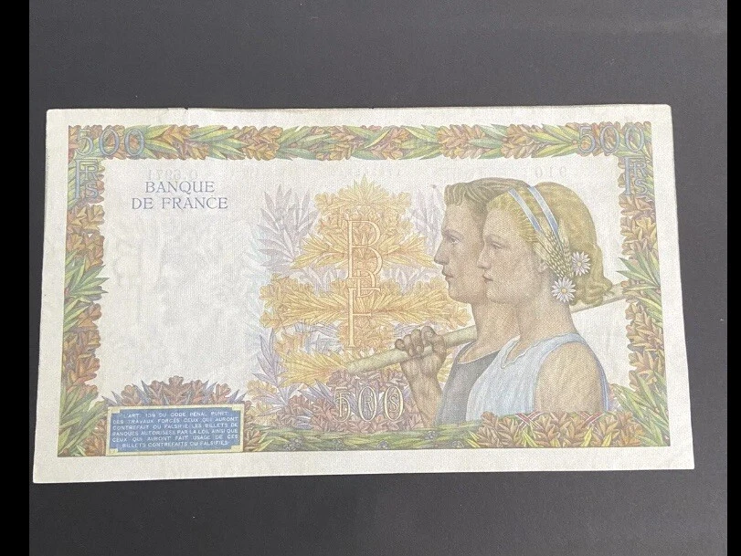 france very large 500 francs La Paix (peace) 1. 10. 42 Banknote Q6971. WWII ERA. - Image 2 of 2