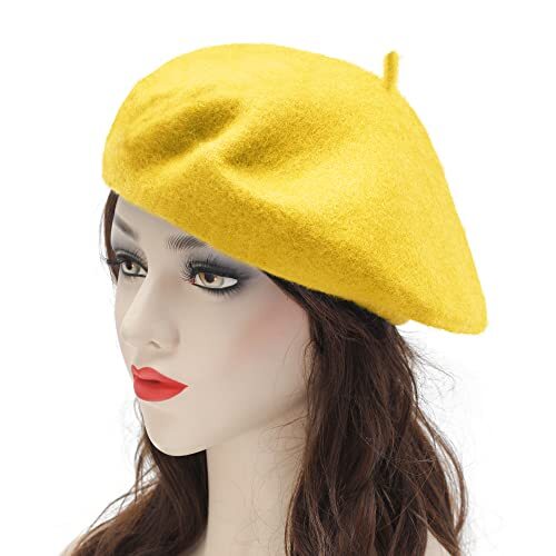 Wool French Beret Hat Solid Color Beret Cap for Women One Size Basic Yellow - Picture 6 of 6