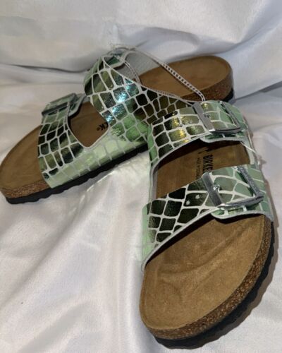 Birkenstock Arizona Gator Gleam Green Silver Metallic Arizona Sandals Sz 41 - Picture 3 of 9