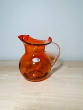 Vintage MCM Rainbow Art Glass Hand Blown Orange Optic Jug Pitcher Clear Handle