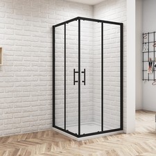 Black Frame Corner Entry Sliding Shower Enclosure Glass Double Door Stone Tray