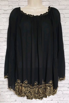 Krista Lee Gold Sequin Embroidered Black Tunic Top Womens Large Pleated Flowy 