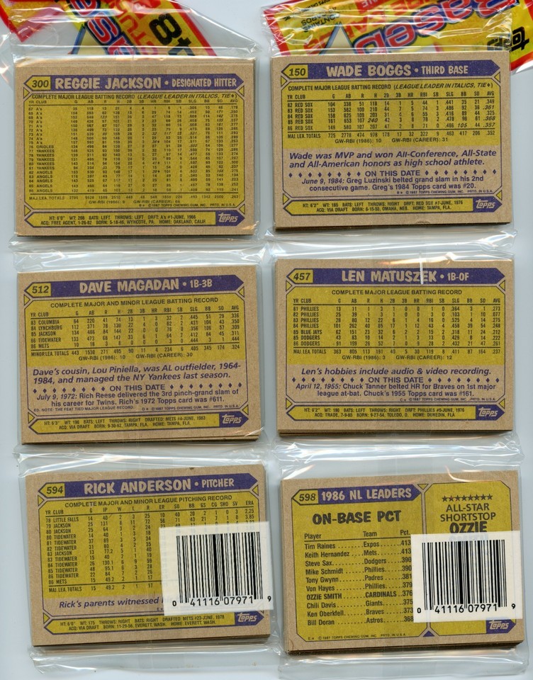 1987 Topps 6 Unopened Rack Packs with R. Jackson Boggs Schmidt Ripken ...