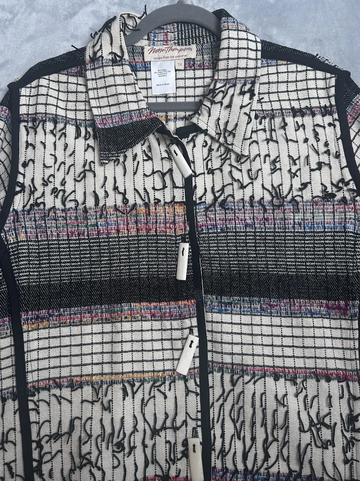 Chaqueta vintage Norm Thompson para mujer 1X colorida palanca flecos retazos blazer Foto 2 de 4