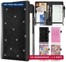 Server Book with 2 Zipper Pockets, Leather Server Book Organizer for Waitress, B