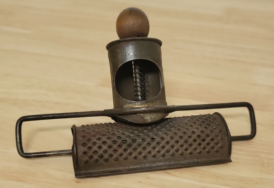 Antique The Edgar Nutmeg Grater 1896 Patent Tin Spice Grinder Wood Handle