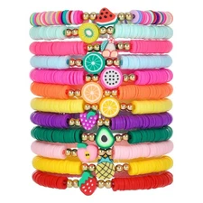 Colorful Fruit Clay Stackable Bracelets Set Boho Surfer Heishi Clay Gold Beaded